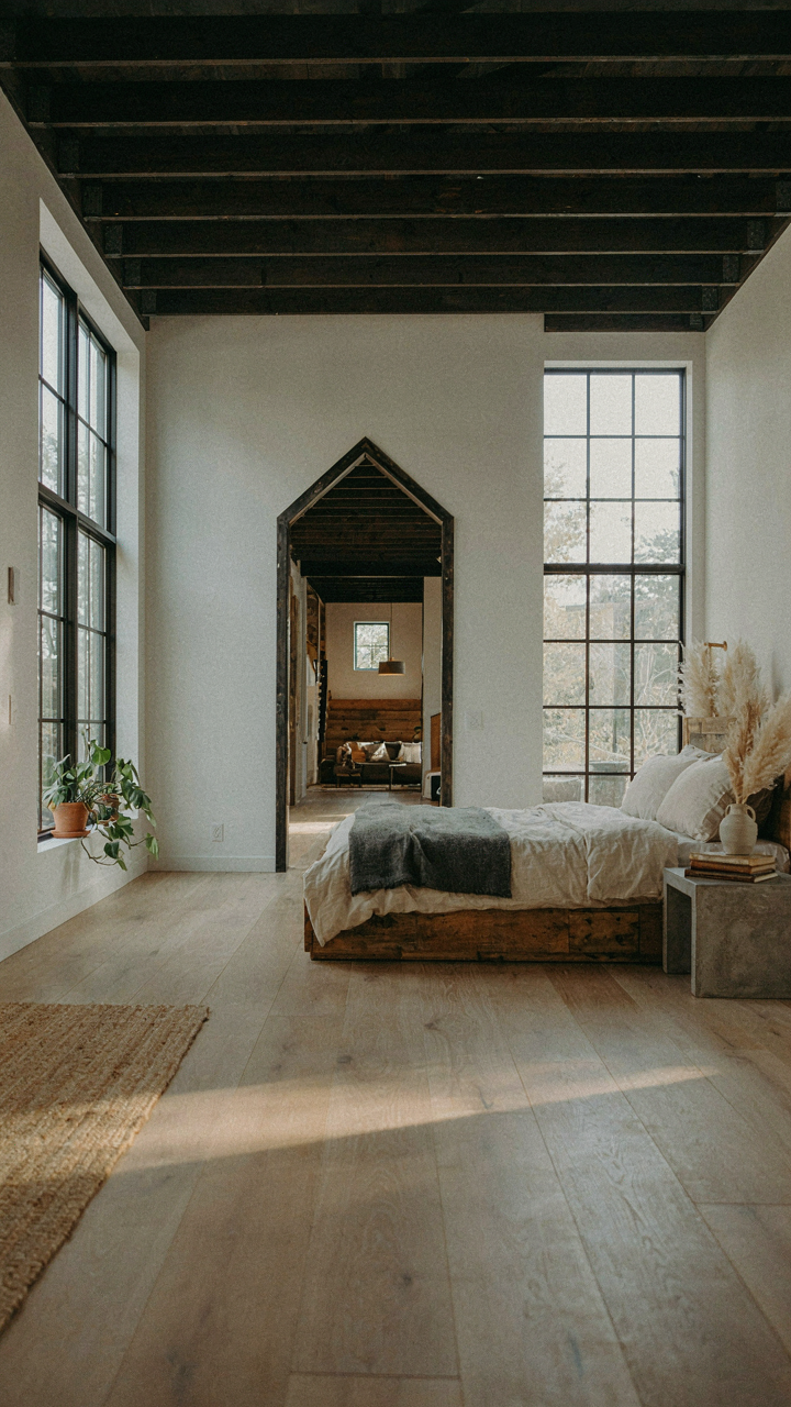A barndominium loft interior showing cross-sight windows and a door framing a view.