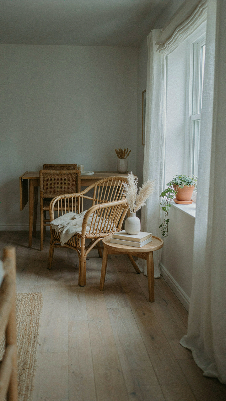 A small beach cottage living area with a drop leaf table and light shades.