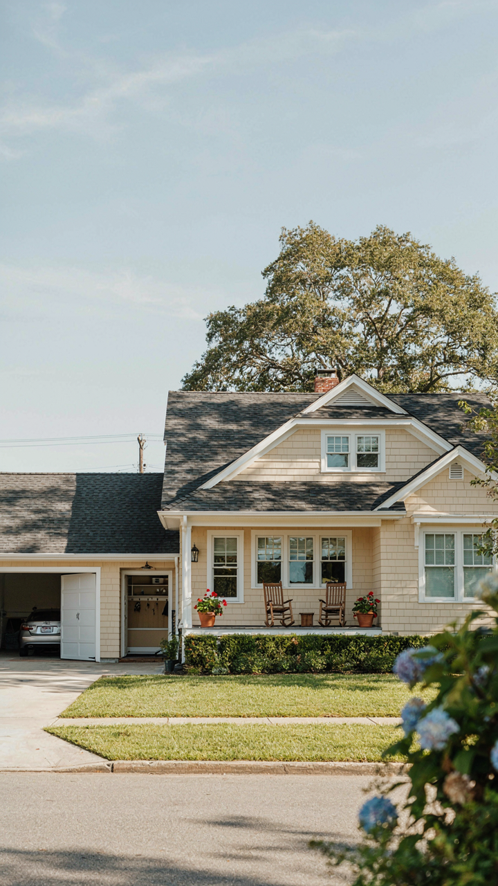 A single-story bungalow cottage house with garage and a connected mudroom.