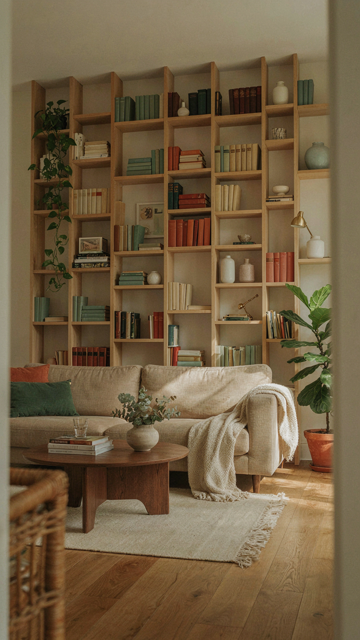 Tall wall-mounted shelves extend to the ceiling in a small bungalow room.