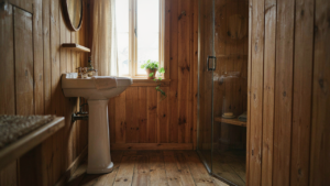 A cozy small cabin bathroom with natural wood and white fixtures, flooded with light.