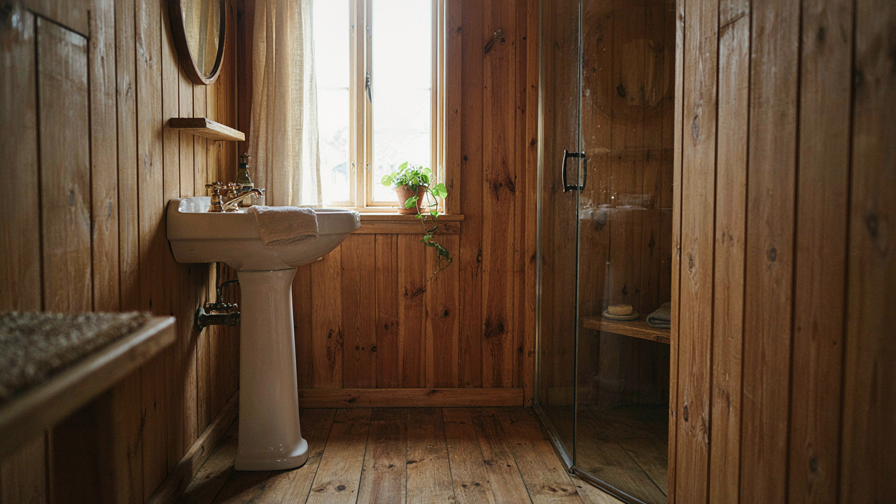 A cozy small cabin bathroom with natural wood and white fixtures, flooded with light.