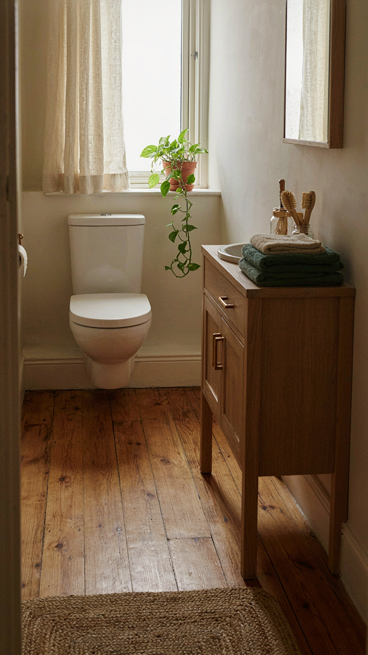 A small cabin bathroom with a wall-mounted toilet and a compact corner sink.