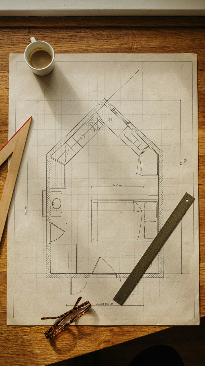 A detailed blueprint shows built-ins and measurements for a tiny cabin bedroom.