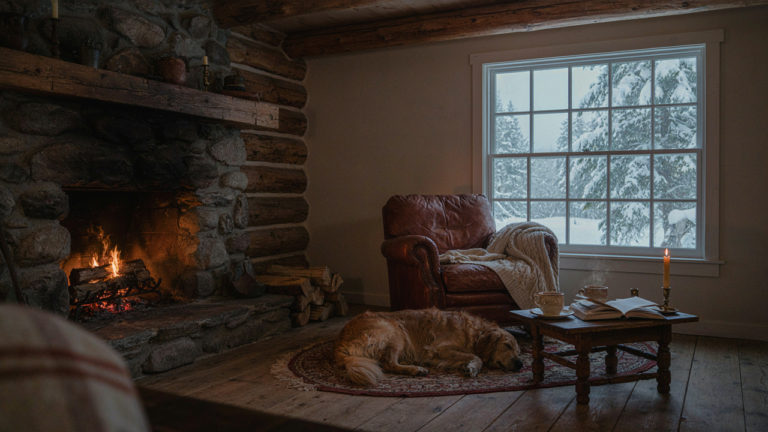 A warm and inviting small cabin interior with a fireplace, armchair, and dog.
