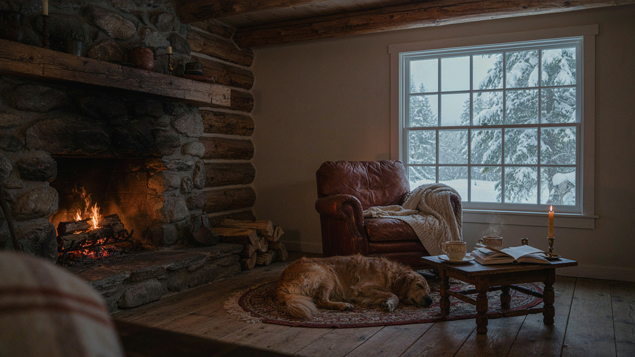 A warm and inviting small cabin interior with a fireplace, armchair, and dog.