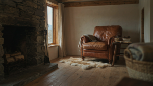 A cozy small cabin interior with a leather armchair and stone fireplace.
