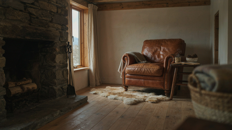 A cozy small cabin interior with a leather armchair and stone fireplace.