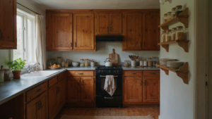 A warm and organized small cabin kitchen with wood cabinets and a compact stove.