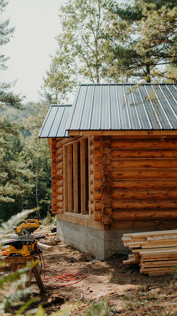 A small cabin under construction, featuring a durable metal roof and concrete foundation.
