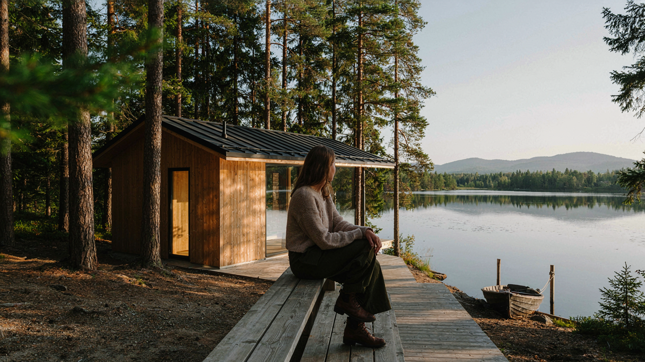 A modern small cabin plan with a person on a deck overlooking a peaceful lake.
