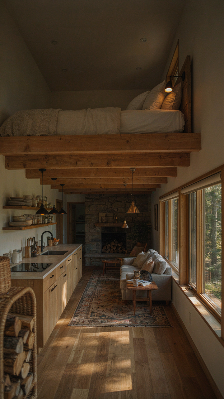 An open concept small cabin with loft, showing defined areas through lighting.