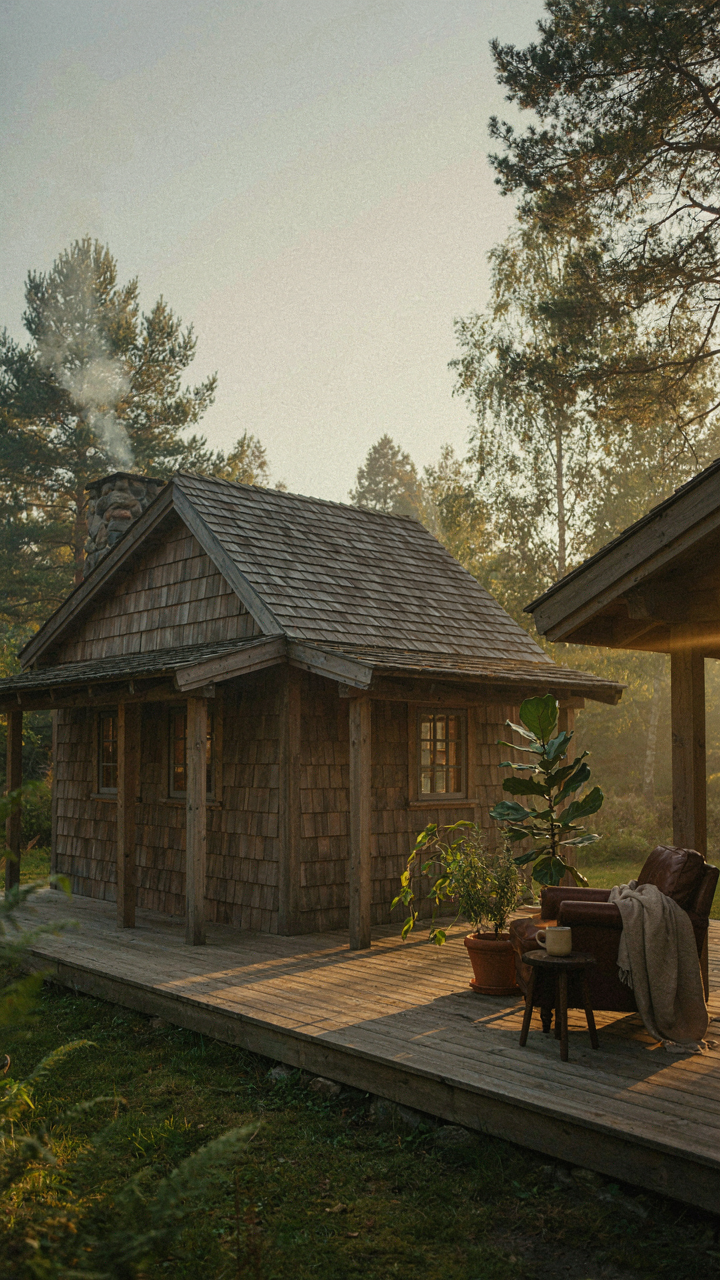 A small cabin with a deep wraparound porch, featuring a cozy seating area.