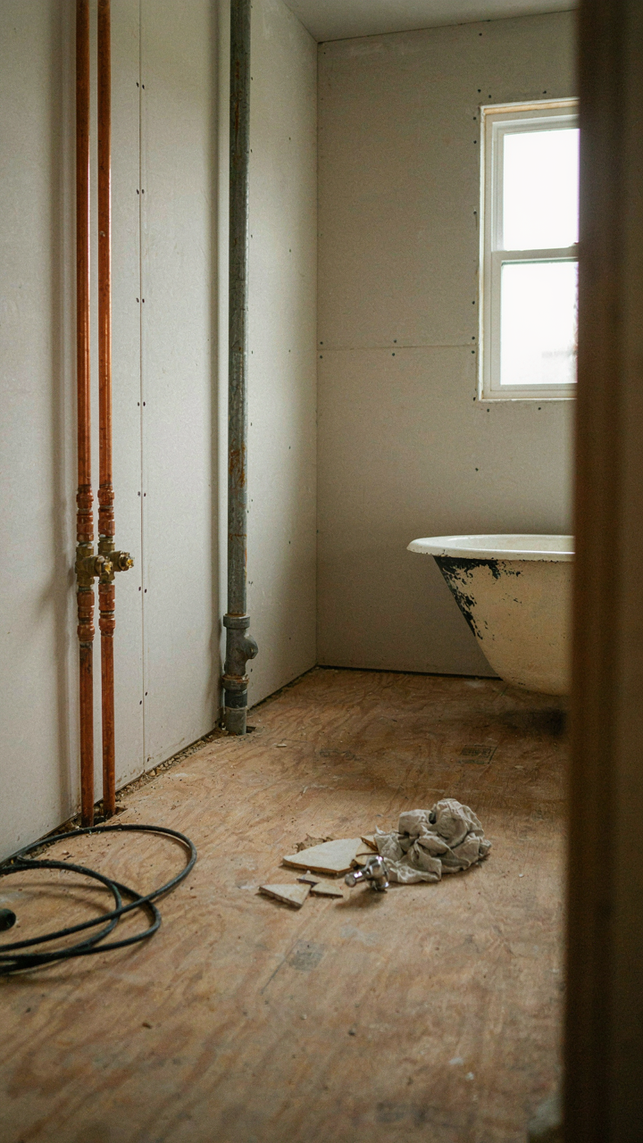 Exposed plumbing pipes on a wall in a small cabin bathroom renovation.