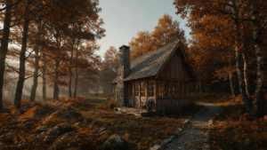 A charming small cabin with a loft, featuring large windows and warm interior lights.