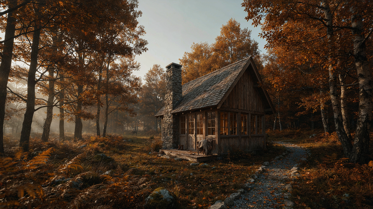 A charming small cabin with a loft, featuring large windows and warm interior lights.