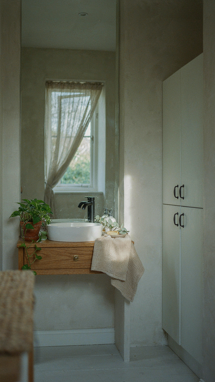 A small, bright cottage bathroom with a large mirror reflecting a window.