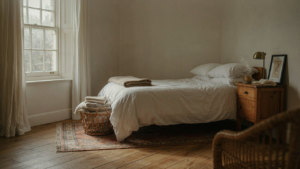 A tidy small cottage bedroom with a bed, white linen, a nightstand, and a bright window.