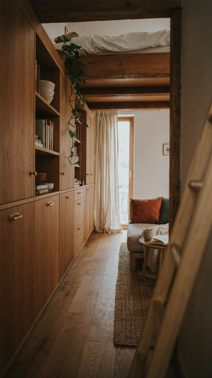 A small cottage room with tall cabinetry and a loft bed, using vertical space well.
