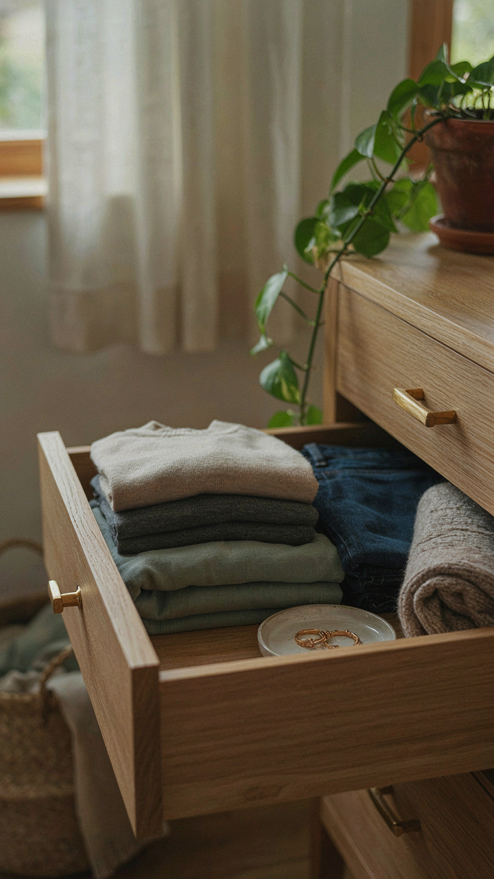 Deep, organized pull-out drawer in a bedroom cabinet of a cottage bungalow.