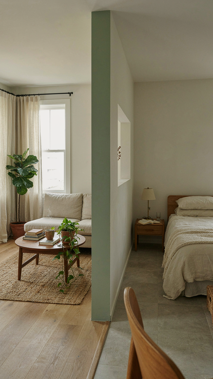 Interior of a small cottage, a half-wall separates living and sleeping zones.