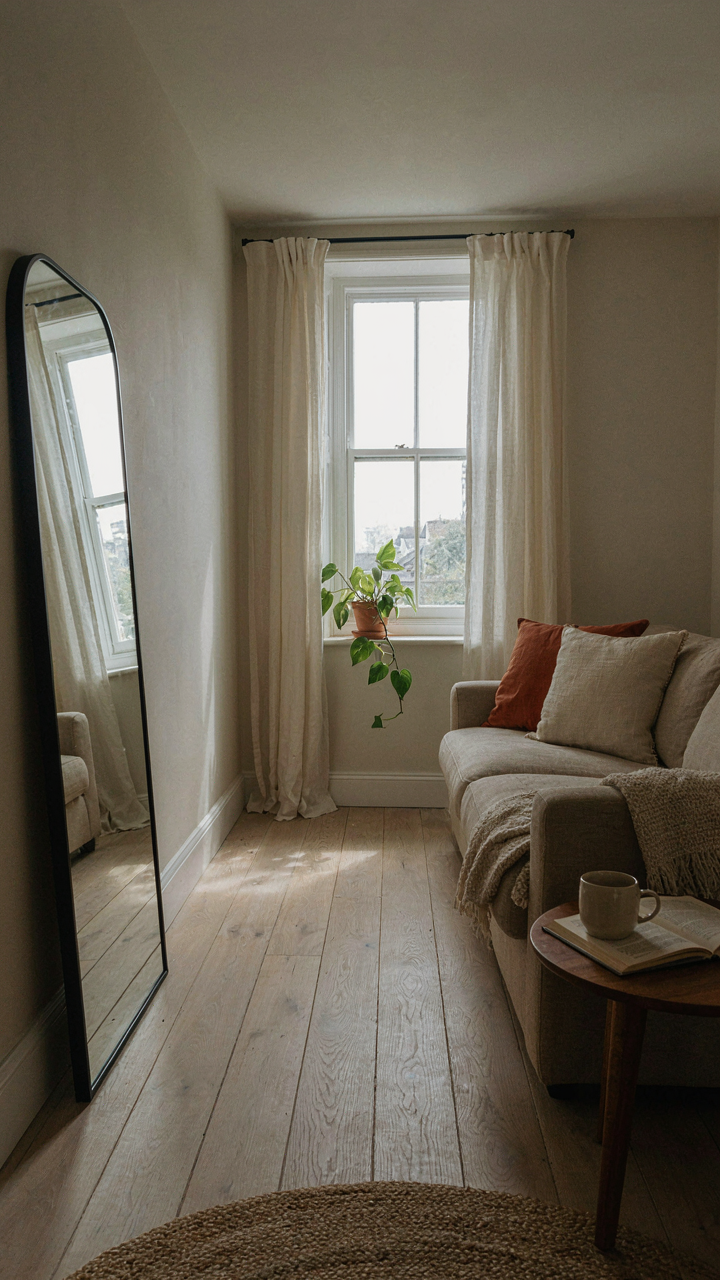 Large mirror opposite a window in a small open concept cottage living room.