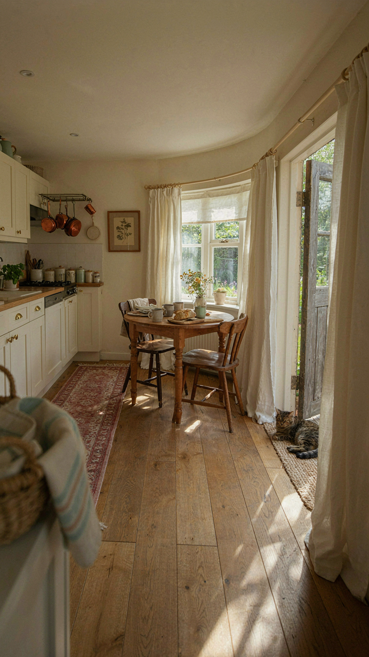 A small cottage interior shows an efficient flow from kitchen to dining.