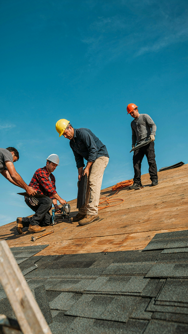 Construction workers quickly install shingles on a simple rectangular roof, highlighting material