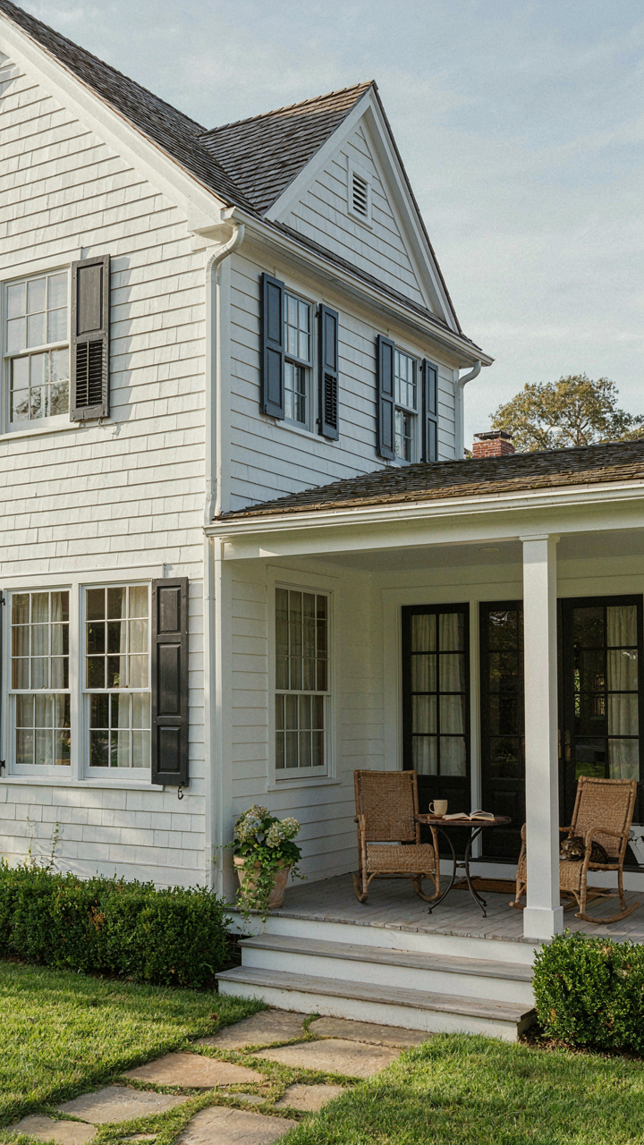 A beautifully designed covered front porch on a cottage home with bright windows.
