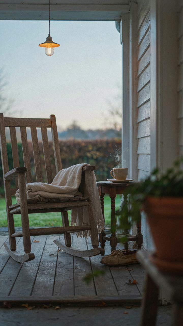 A prepared cottage porch at dawn, with a warm light, blanket, and coffee.