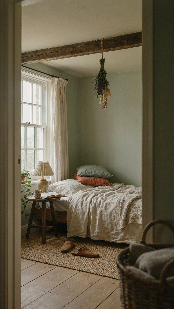 A small cottagecore bedroom with a bed strategically placed to maximize space.