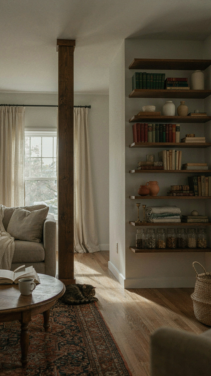 An open living room in a small craftsman home with a load-bearing post.