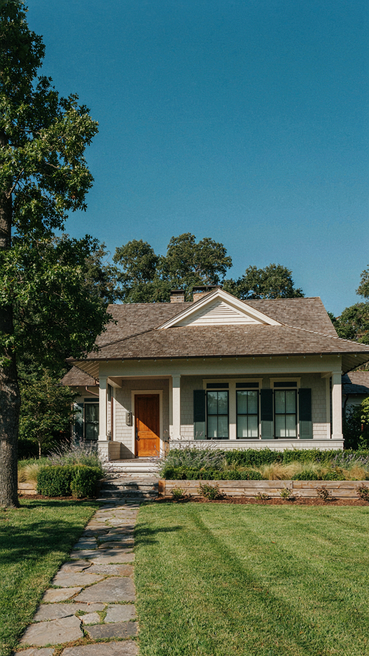 A small, tidy craftsman style house with a well-maintained garden.