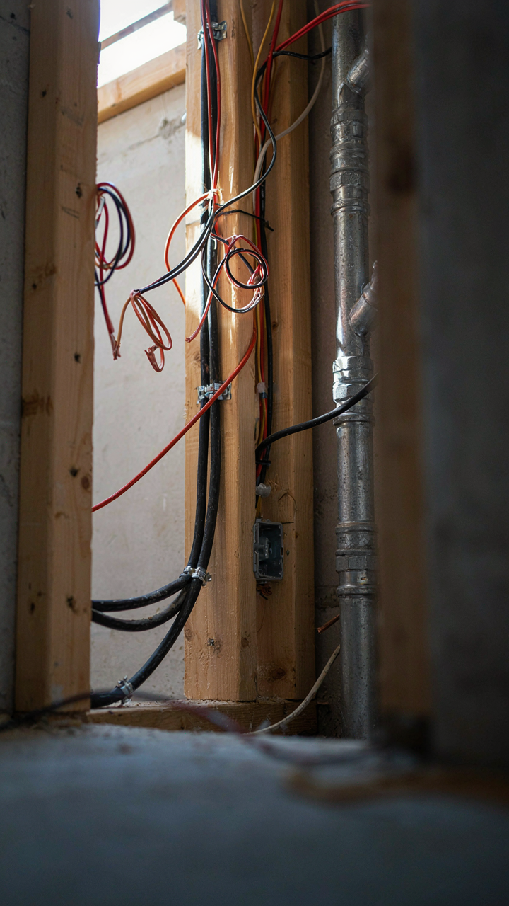 Exposed electrical wires and plumbing pipes run through a wall in a tiny cabin.