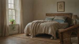 A cozy small farmhouse bedroom with a tall wooden headboard and layered bedding.