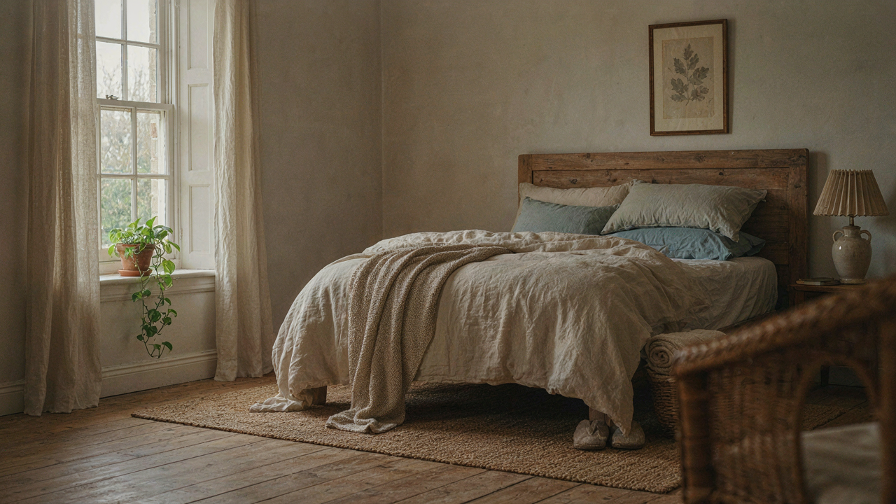 A cozy small farmhouse bedroom with a tall wooden headboard and layered bedding.
