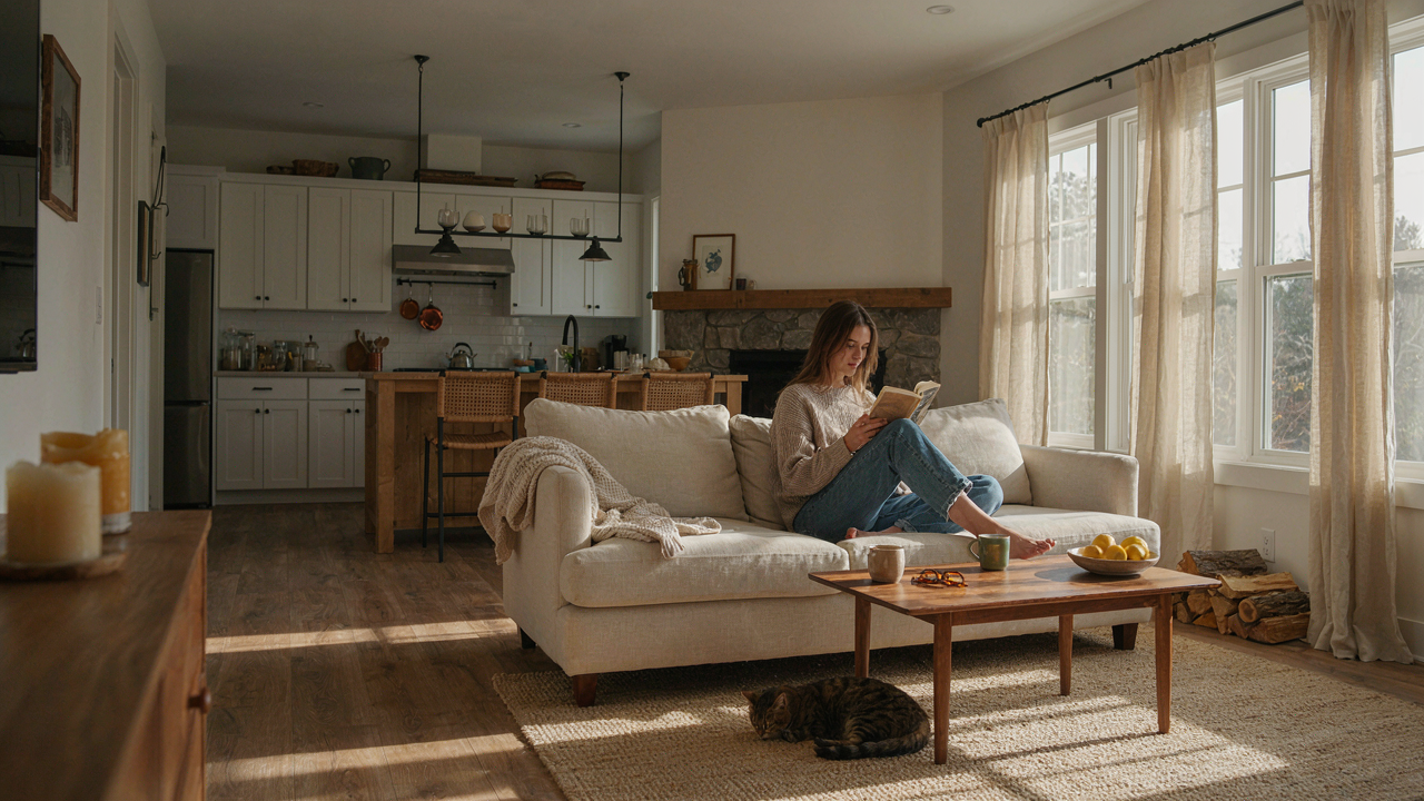 A sunlit, open-concept small farmhouse interior with a person reading on a sofa.