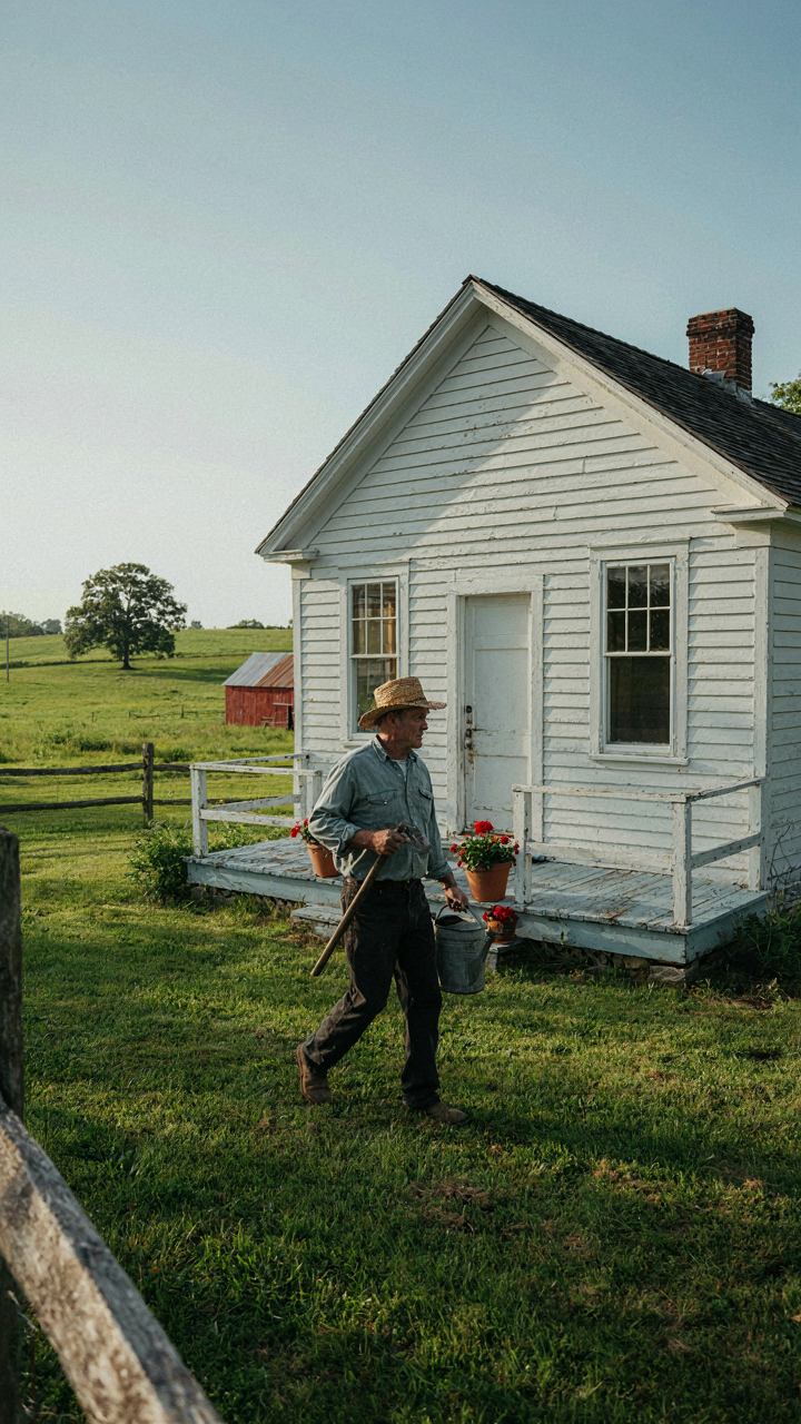 A small farmhouse with a functional wrap around porch, a farmer walks with tools.
