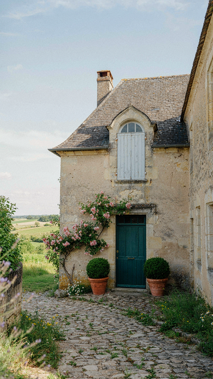 A small stone cottage with a dormer window and potted plants beside the door.