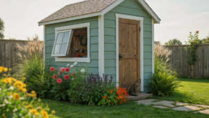 A neat small garden shed with plants and flowers in a sunny backyard.