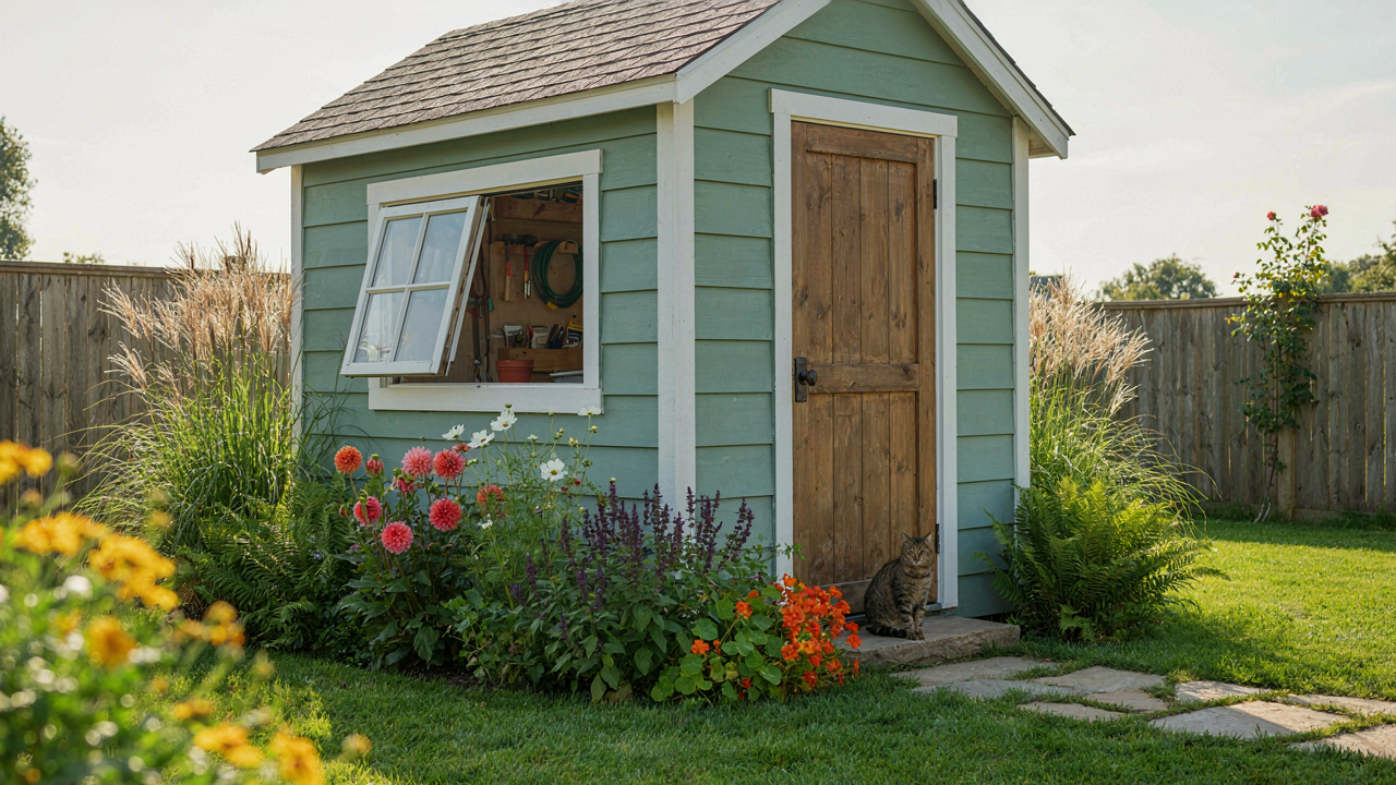 A neat small garden shed with plants and flowers in a sunny backyard.