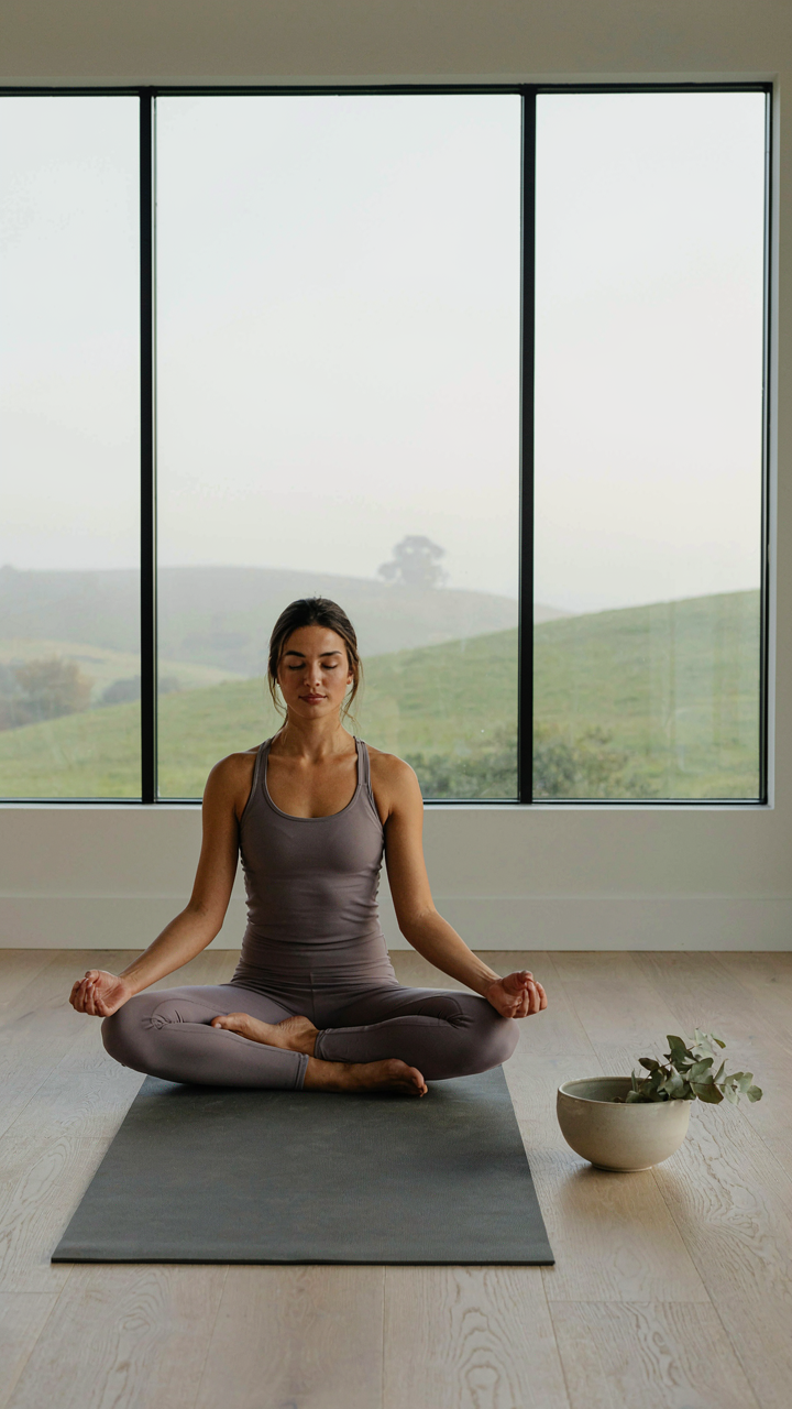 A person meditating in a serene room overlooking nature.