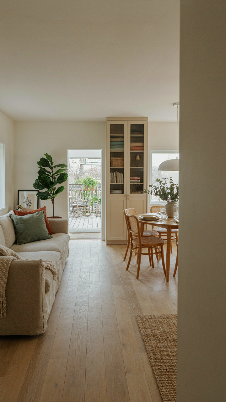 An open living and dining area in a small house with a tall storage cabinet.