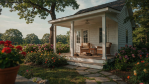 A charming small house with a broad front porch and a lush green garden.