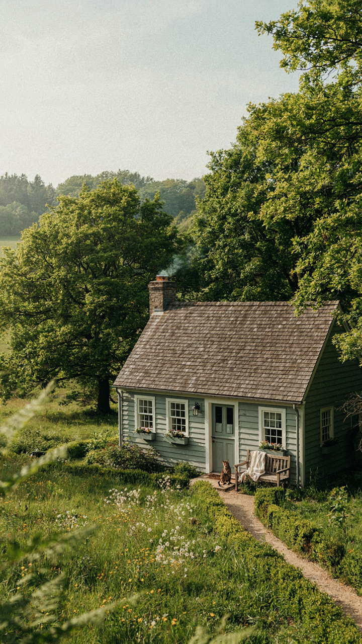 A small green cottage blending perfectly with the surrounding trees and nature.
