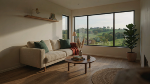 A modern small house living room, showcasing smart design and natural light.