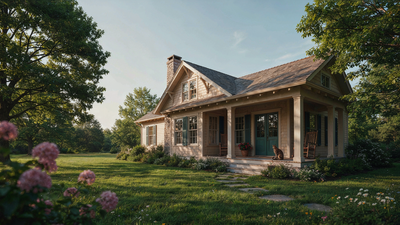 A charming small craftsman house with a wide wrap around porch and green landscaping.