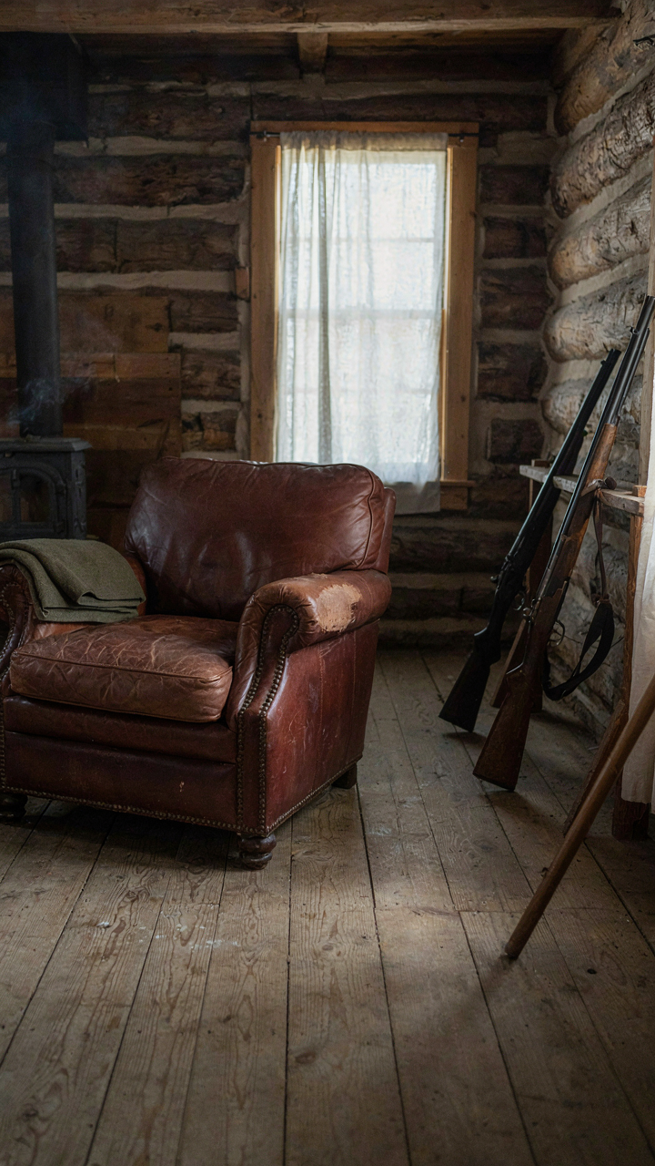 A worn leather armchair and a scratched rifle rack in a hunting cabin.