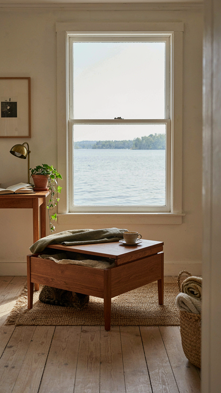 A multi-functional piece of furniture in a small lake cottage, like a storage ottoman.