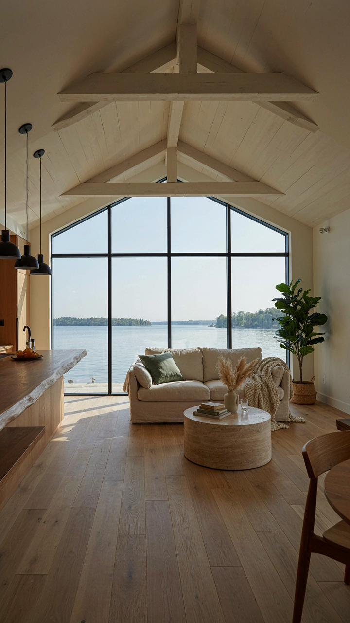An open concept living space in a lake cottage with a clear view to the lake.